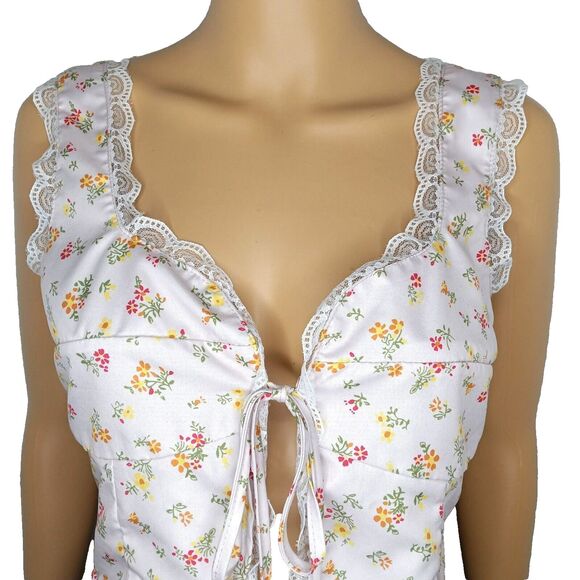 Sexy Crop Top Cotton Blend Women's Small Tie Front String Boho Floral Lace Trim - Picture 2 of 7